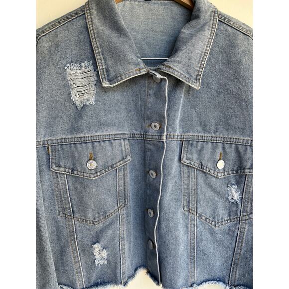 Frenchy Cropped Raw Hem Distressed Light Blue Denim Jacket Jean Plus 3XL Shein - Picture 13 of 16